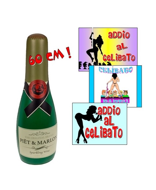 MAXI BOTTIGLIA GONFIABILE CON ETICHETTE ADESIVE CELIBATO PARTY
