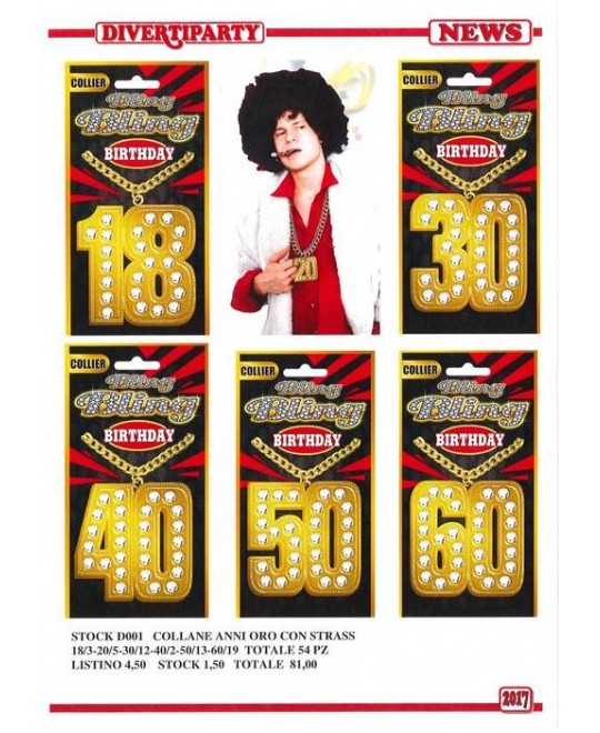 EURO 1,50 CAD. COLLANE ANNI ORO CON STRASS 54 PEZZI